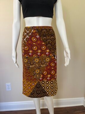 D&G Patchwork Paisley Midi Skirt in Brown, Red and Gold